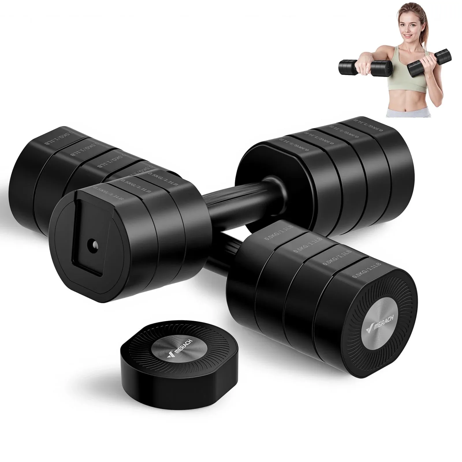 MERACH 4-in-1 Adjustable Dumbbells, 2-Pack, Each 2.2/4.4/6.6/8.8 lbs, Hand Weights for Women, for Home Fitness Training, Black