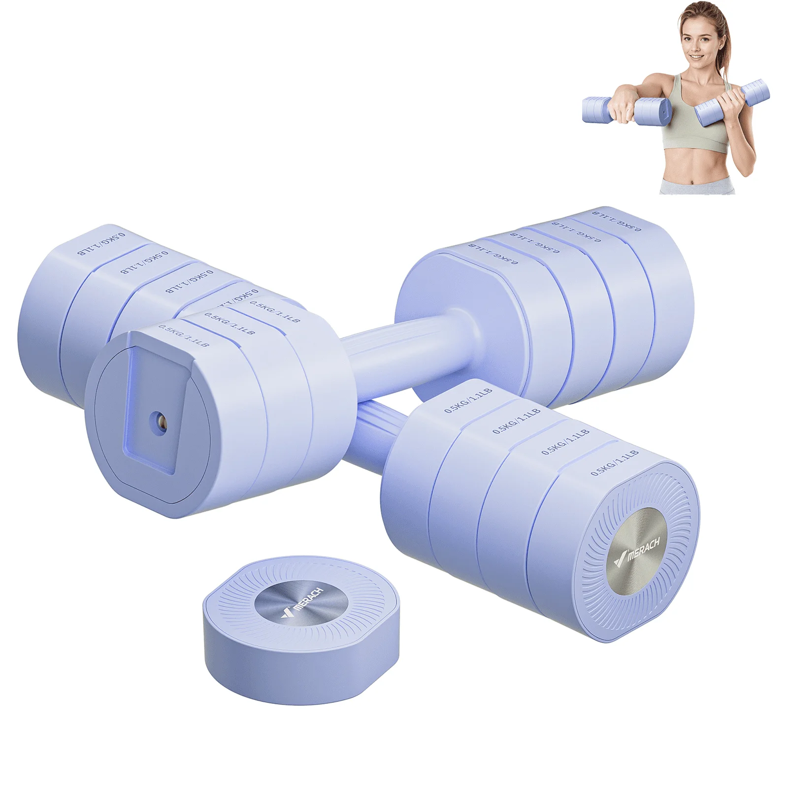 MERACH 4-in-1 Adjustable Dumbbells, 2-Pack, Each 2.2/4.4/6.6/8.8 lbs, Hand Weights for Women, for Home Fitness Training, Blue