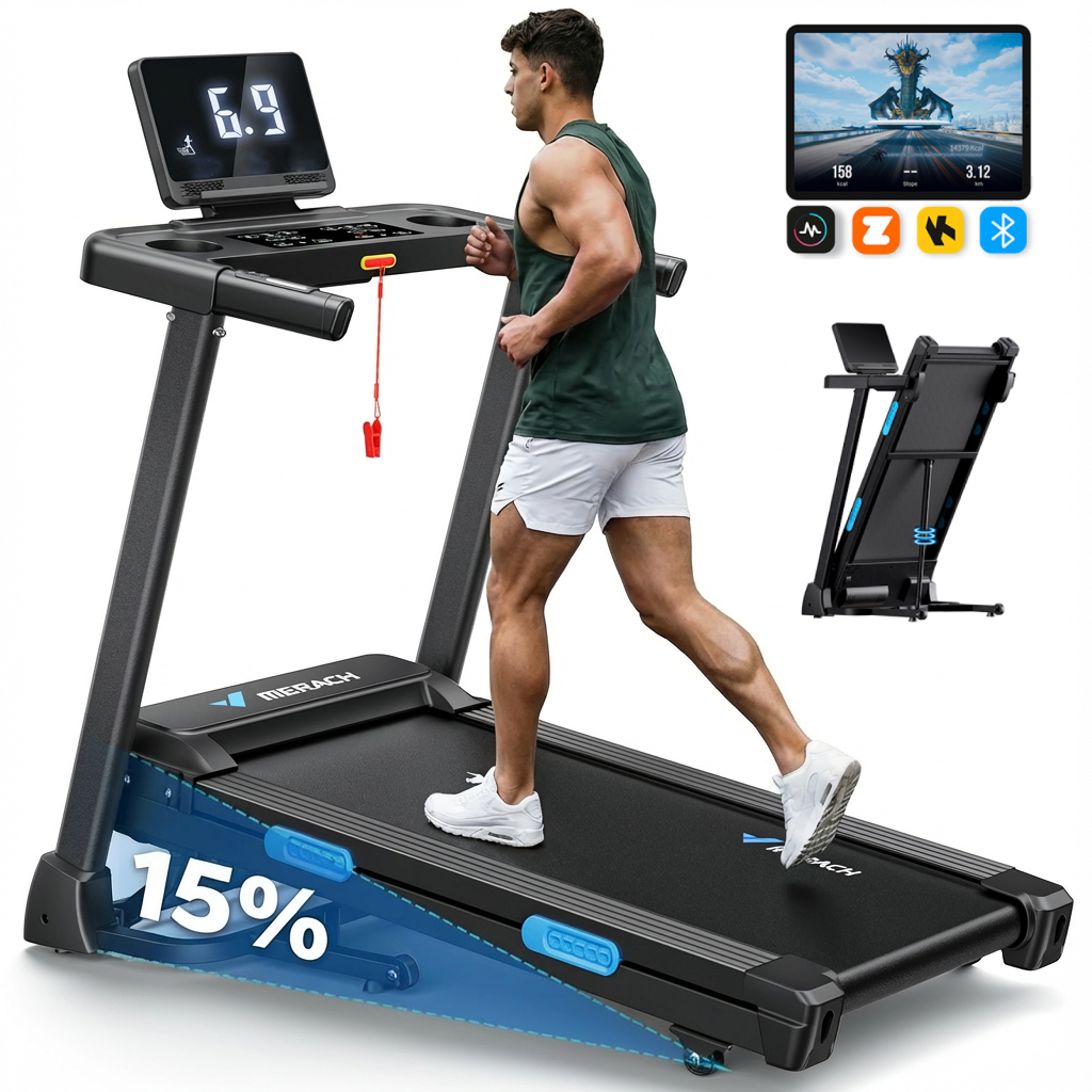MERACH Folding Treadmill with 15% Auto Incline, Fitness Treadmill for Home with APP, 300 lbs Capacity