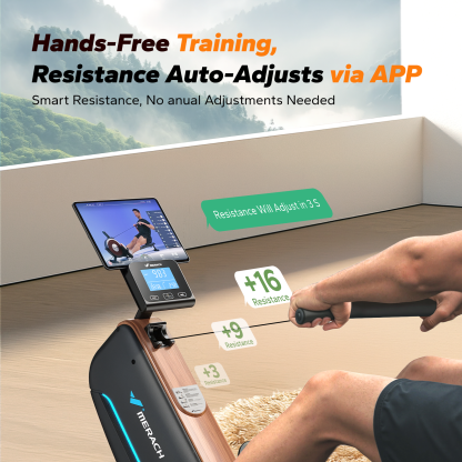 MERACH Self-Generating Electromagnetic Rowing Machine 16-Level Magnetic Resistance, Bluetooth Connectivity, Compact Design for Home Use