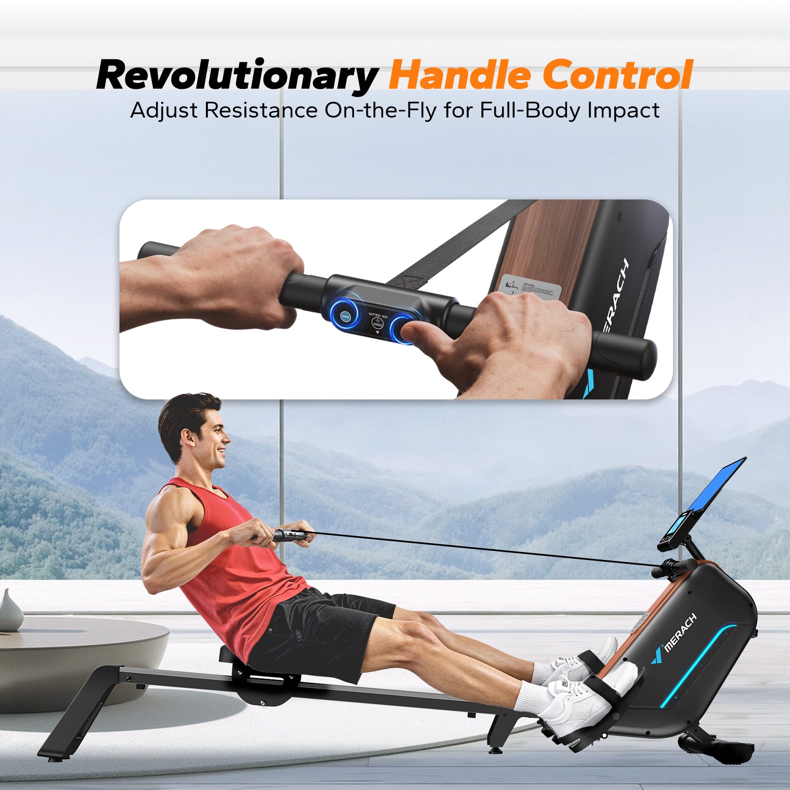MERACH Self-Generating Electromagnetic Rowing Machine 16-Level Magnetic Resistance, Bluetooth Connectivity, Compact Design for Home Use