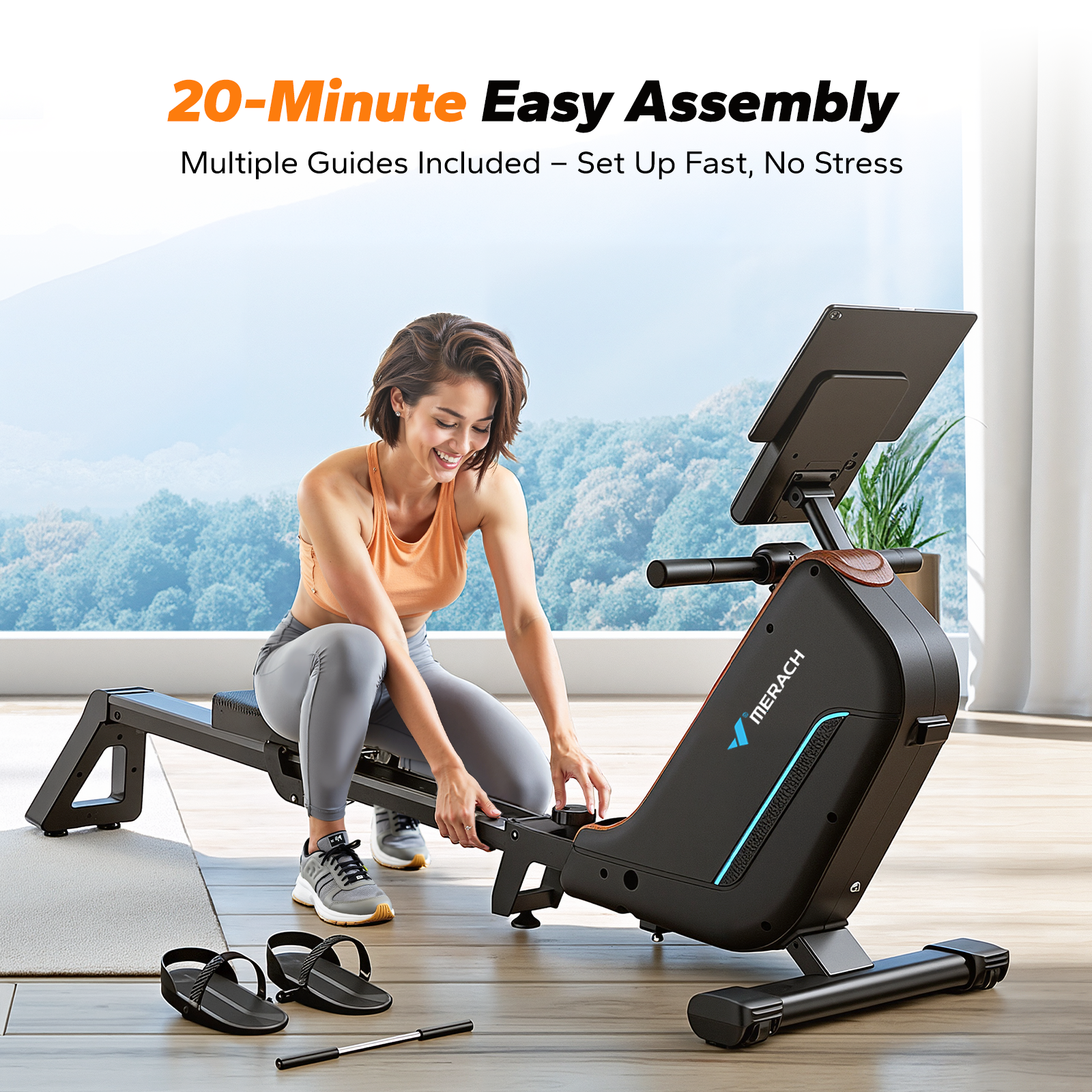 MERACH Self-Generating Electromagnetic Rowing Machine 16-Level Magnetic Resistance, Bluetooth Connectivity, Compact Design for Home Use