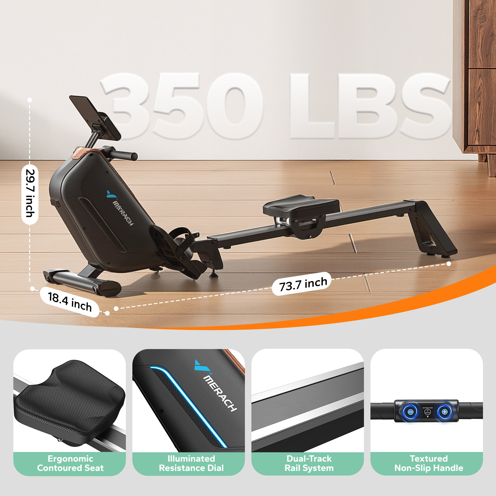 MERACH Self-Generating Electromagnetic Rowing Machine 16-Level Magnetic Resistance, Bluetooth Connectivity, Compact Design for Home Use
