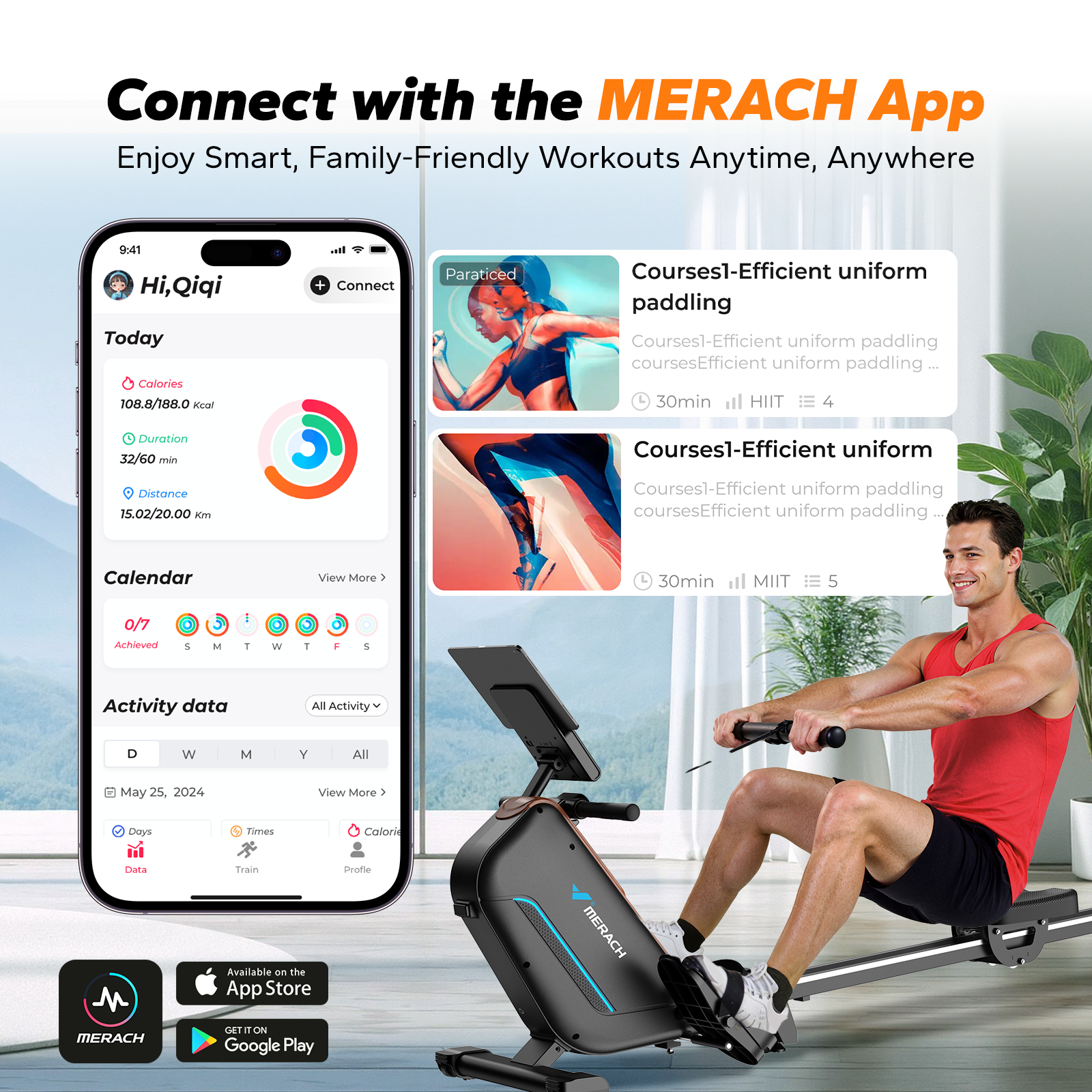 MERACH Self-Generating Electromagnetic Rowing Machine 16-Level Magnetic Resistance, Bluetooth Connectivity, Compact Design for Home Use