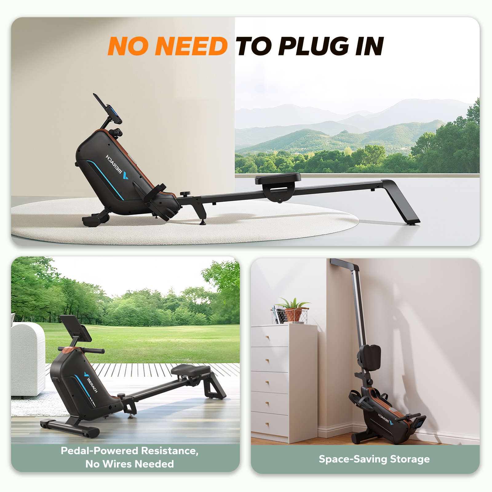 MERACH Self-Generating Electromagnetic Rowing Machine 16-Level Magnetic Resistance, Bluetooth Connectivity, Compact Design for Home Use