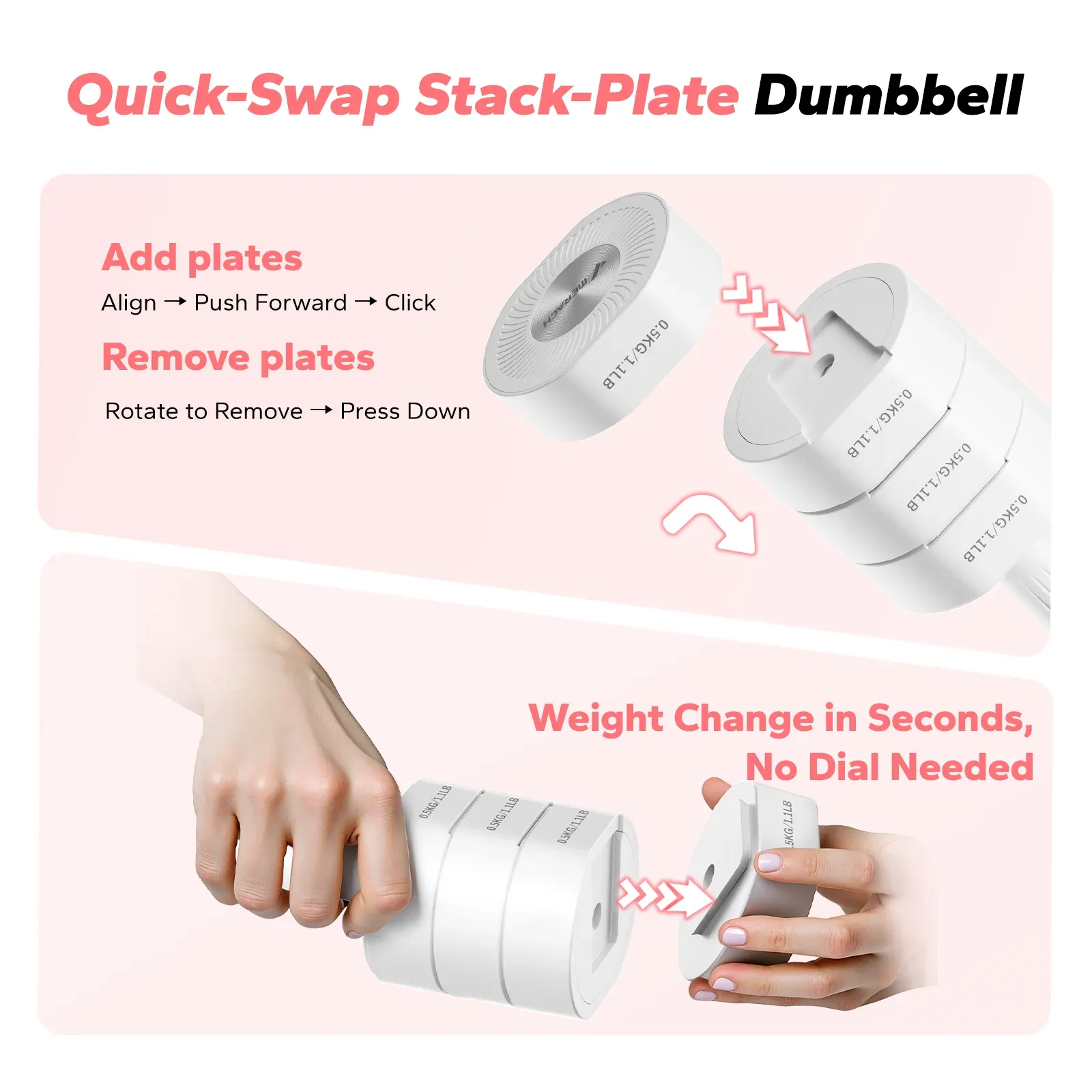 MERACH 4-in-1 Adjustable Dumbbells, 2-Pack, Each 2.2/4.4/6.6/8.8 lbs, Hand Weights for Women, for Home Fitness Training, White