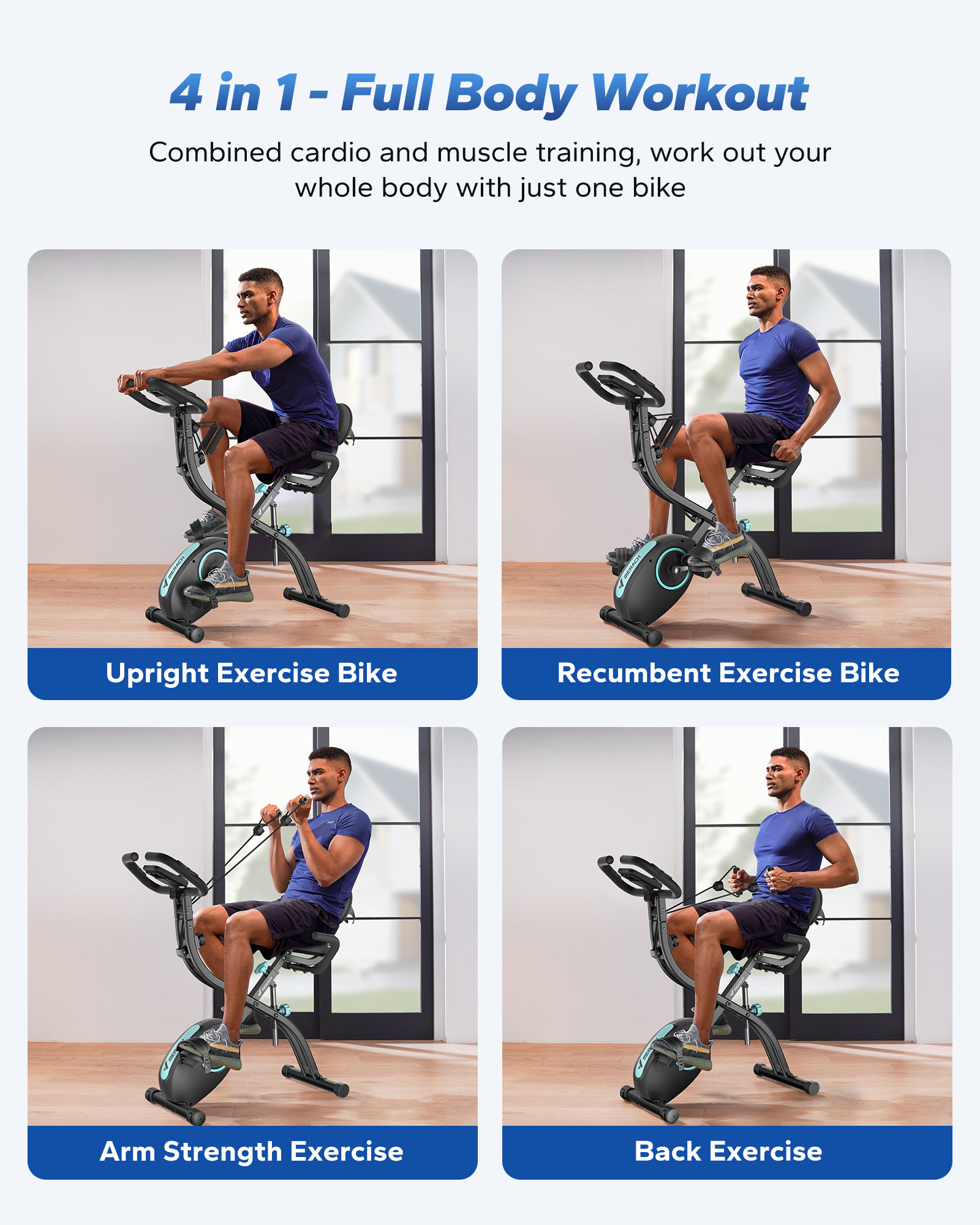 MERACH Folding Exercise Bike, 4 in 1 Magnetic Upright Bike with 16 Levels of Resistance for Home Indoor Cardio Workout Max Weight 300 lbs