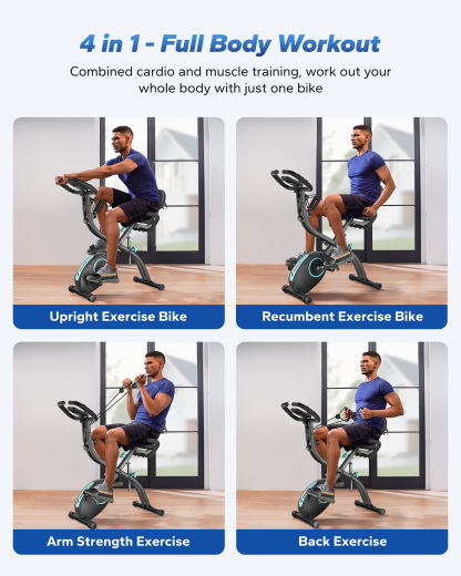MERACH Folding Exercise Bike, 4 in 1 Magnetic Upright Bike with 16 Levels of Resistance for Home Indoor Cardio Workout Max Weight 300 lbs