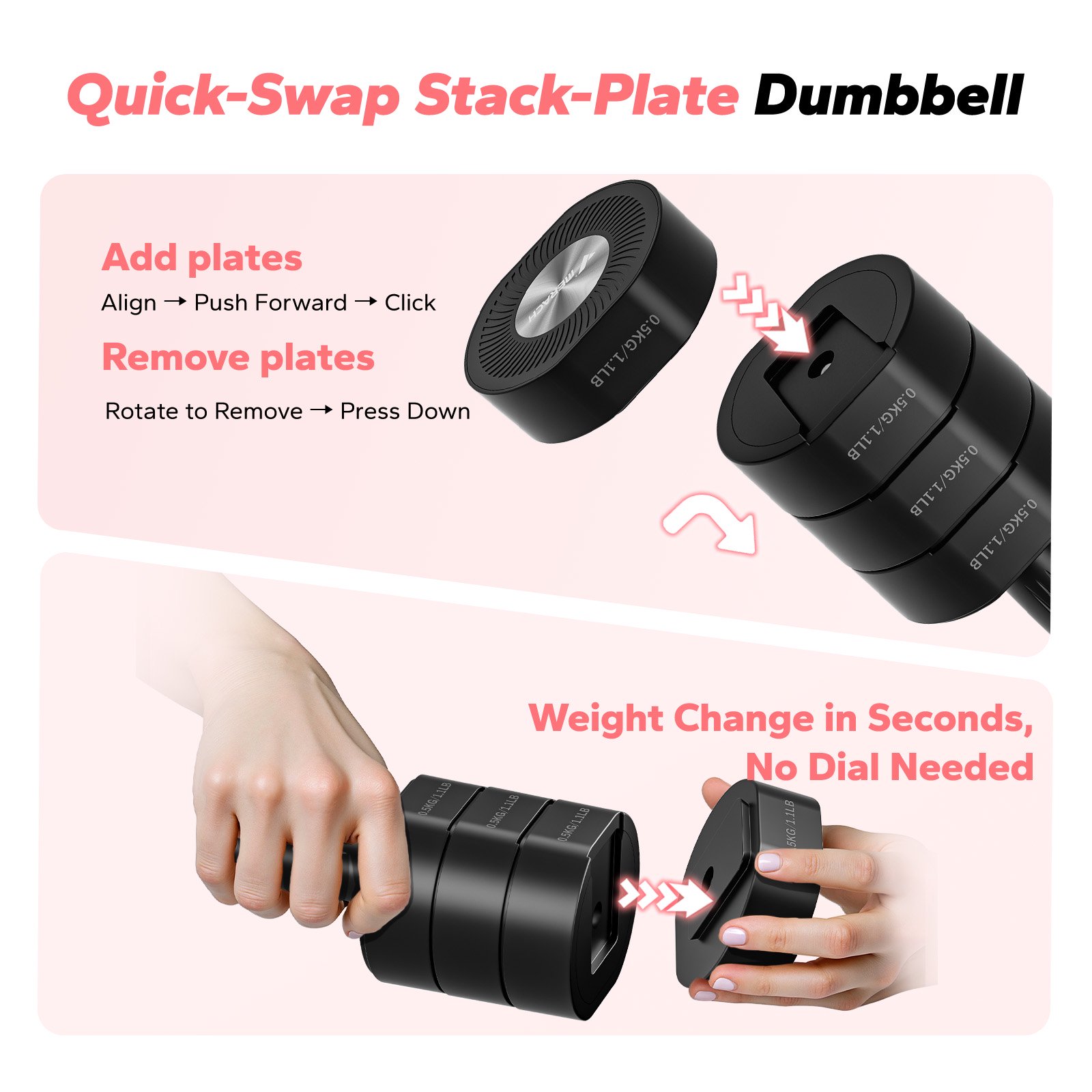 MERACH 4-in-1 Adjustable Dumbbells, 2-Pack, Each 2.2/4.4/6.6/8.8 lbs, Hand Weights for Women, for Home Fitness Training, Black