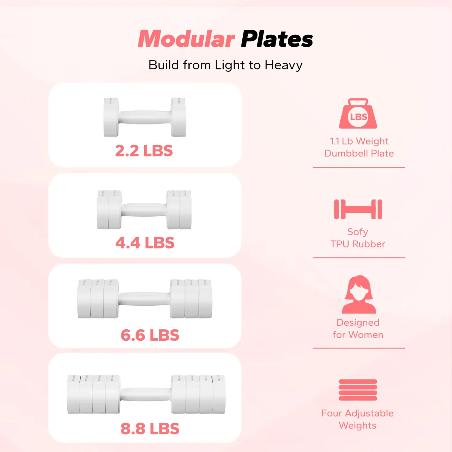 MERACH 4-in-1 Adjustable Dumbbells, 2-Pack, Each 2.2/4.4/6.6/8.8 lbs, Hand Weights for Women, for Home Fitness Training, White