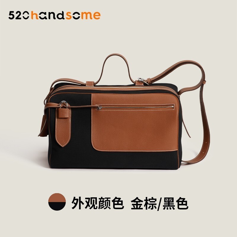 NOUVEAU SAC DE WEEKEND Canvas and Leather Spliced Multi-purpose Travel Bag Single Shoulder Backpack · Gold Brown + Black