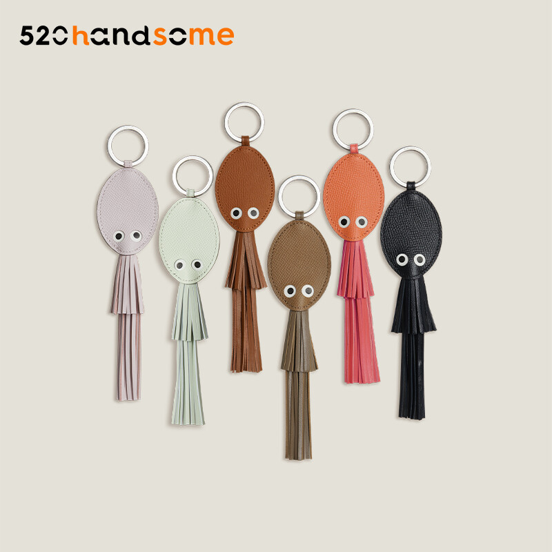 【Kolomomo Brand】 Poulpe Key Ring Genuine Leather Handmade Tassel Design Squid Pendant Car Keychain 