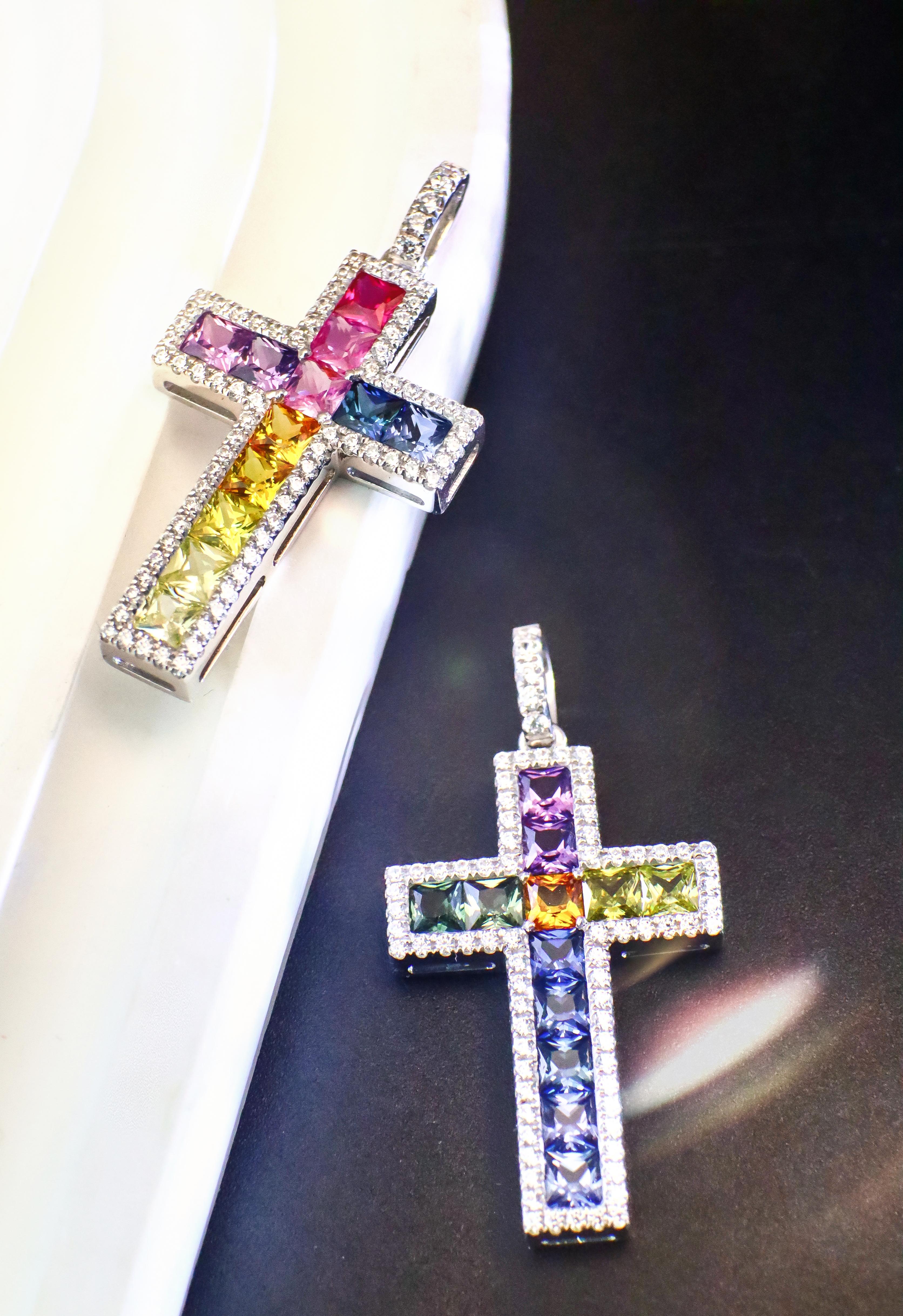 Divine Rainbow · JM Lab-Grown Rainbow Gemstone Cross Necklace ｜ IGI-Certified Scripture Gift  – A Symbol of Blessing and Love