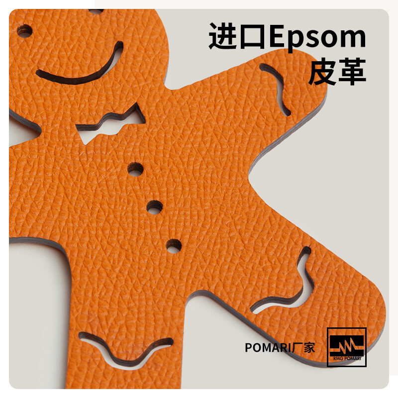  【Kolomomo Brand】Pure Handmade Imported Genuine Leather Gingerbread Man Pendant Bag Charm Car Hanging Decoration Accessory · Front EP Elephant Gray - Back TC/TOGO Classic Orange 