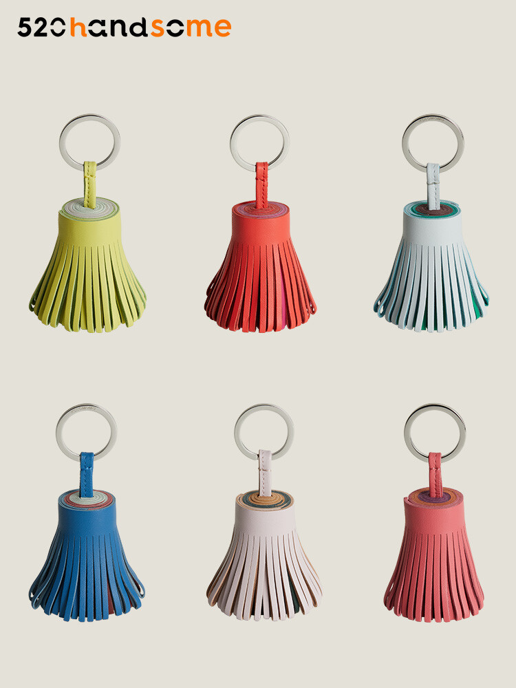 【Kolomomo Brand】Handmade Genuine Leather Lambskin Tassel Color Block Carmen Bag Pendant Decoration Keychain · Mist Blue/Mint Green/Saddle Red