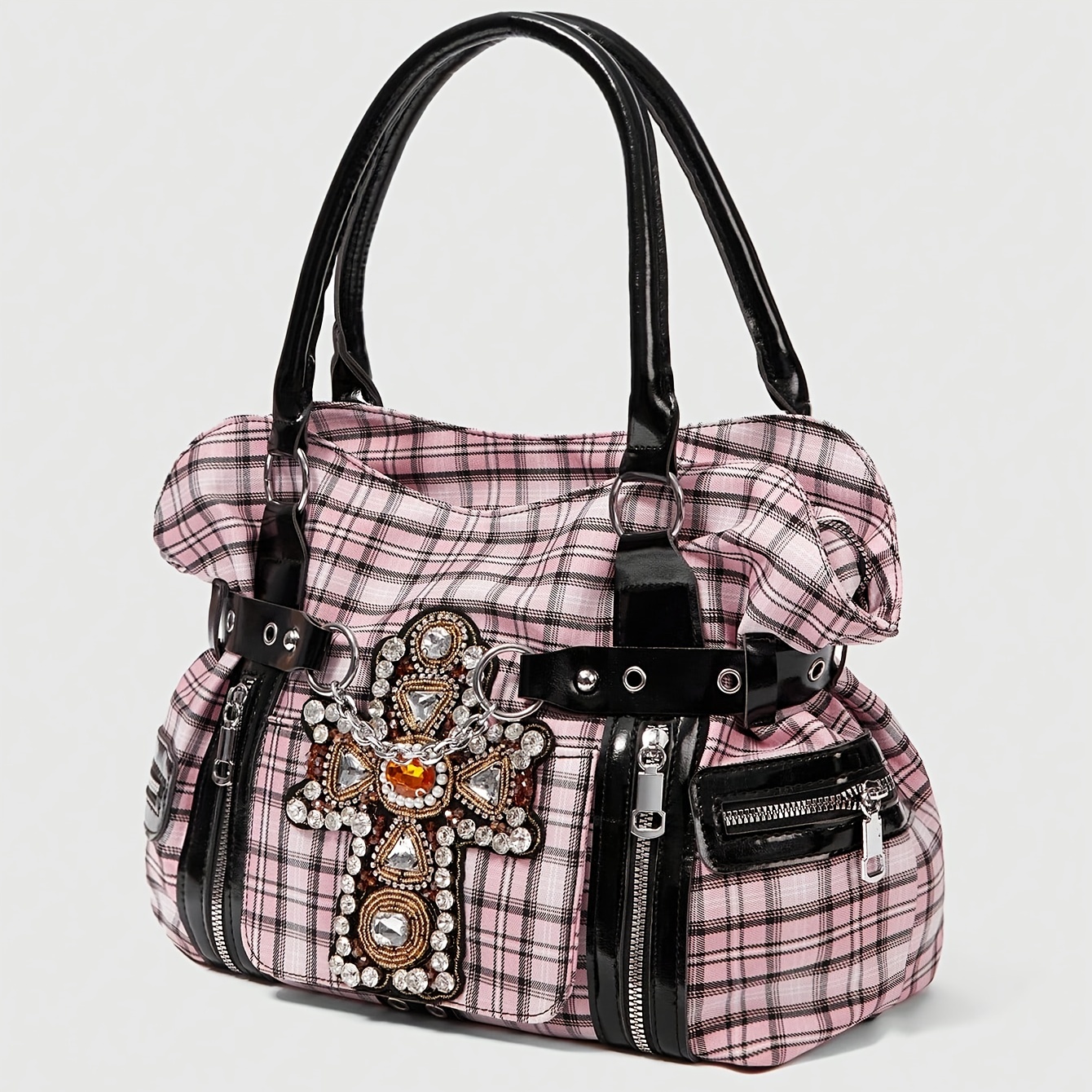 Y2K Pink & Black Plaid Rhinestone Cross Tote Bag