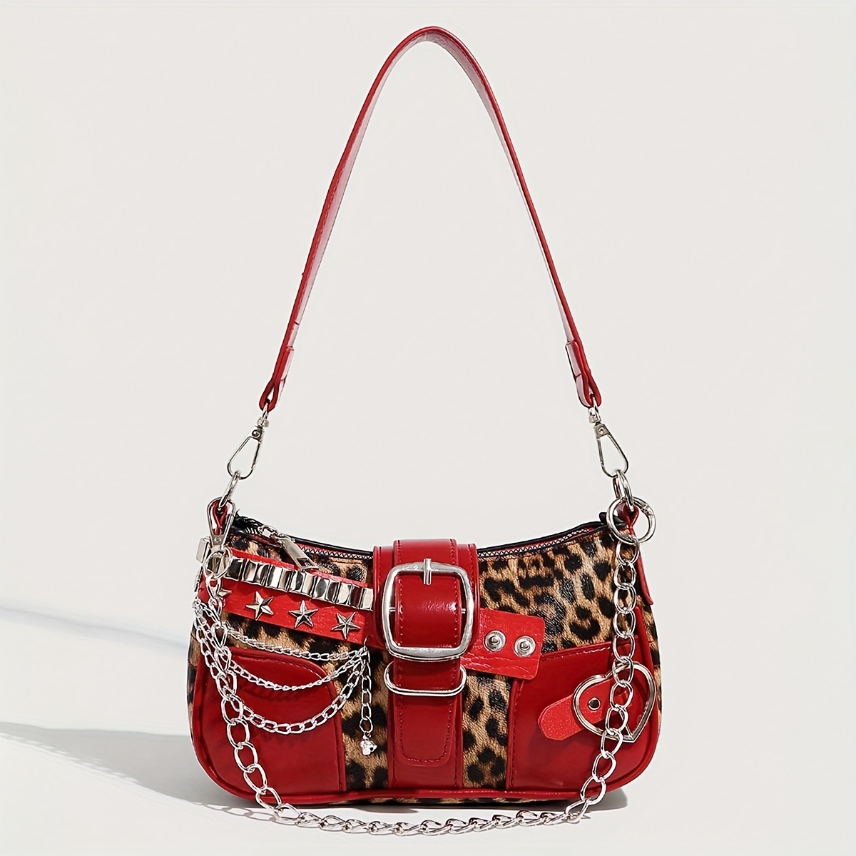 Y2K Leopard Print & Red Punk Shoulder Bag with Chain Accents