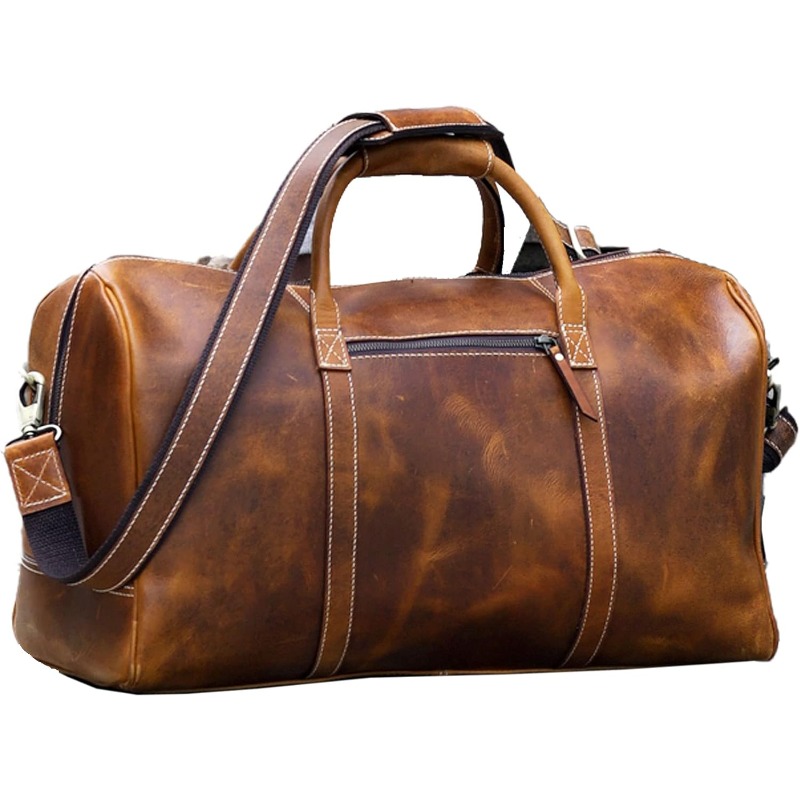 Heavy-Duty Full Grain Leather Duffel Bag - 20" Large Travel Gym Bag