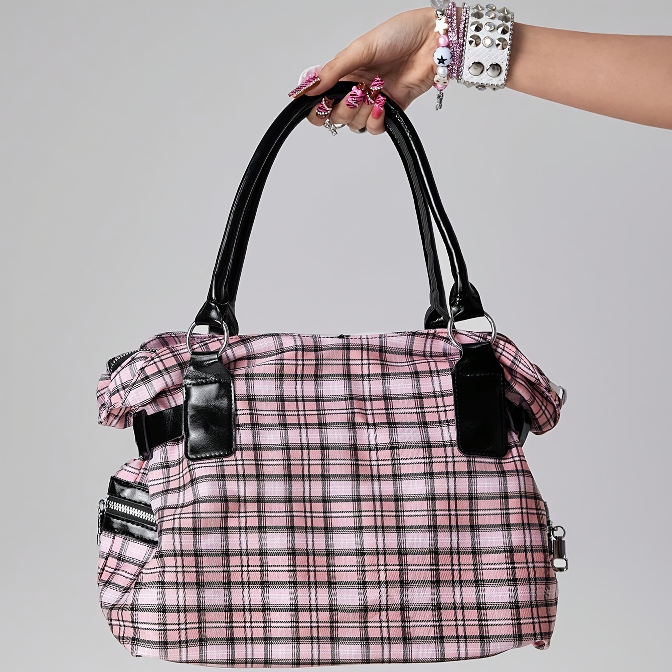 Y2K Pink & Black Plaid Rhinestone Cross Tote Bag