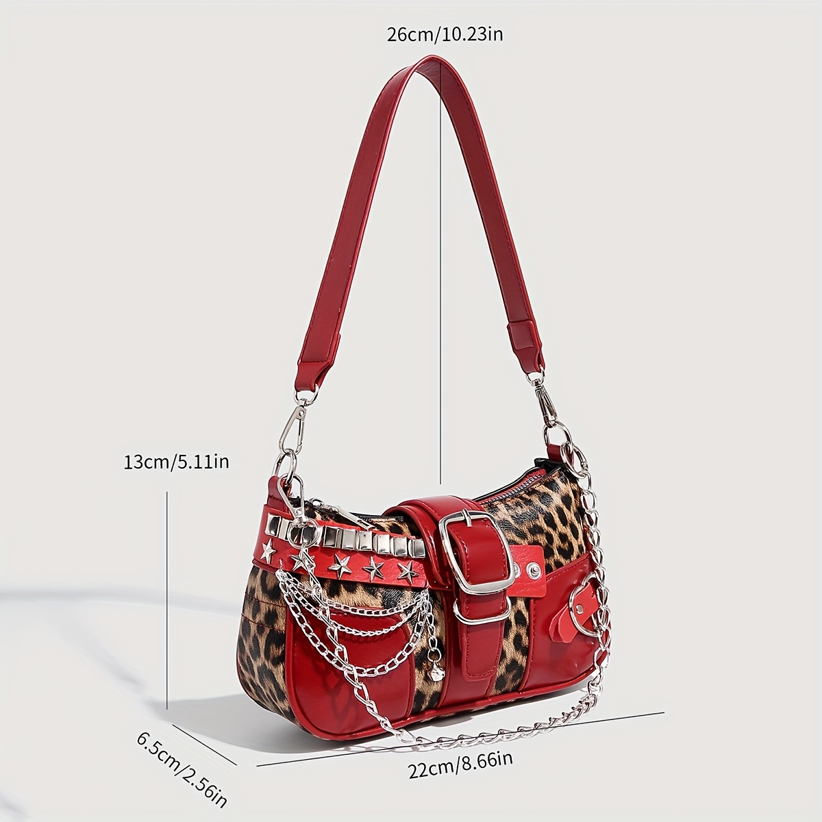 Y2K Leopard Print & Red Punk Shoulder Bag with Chain Accents