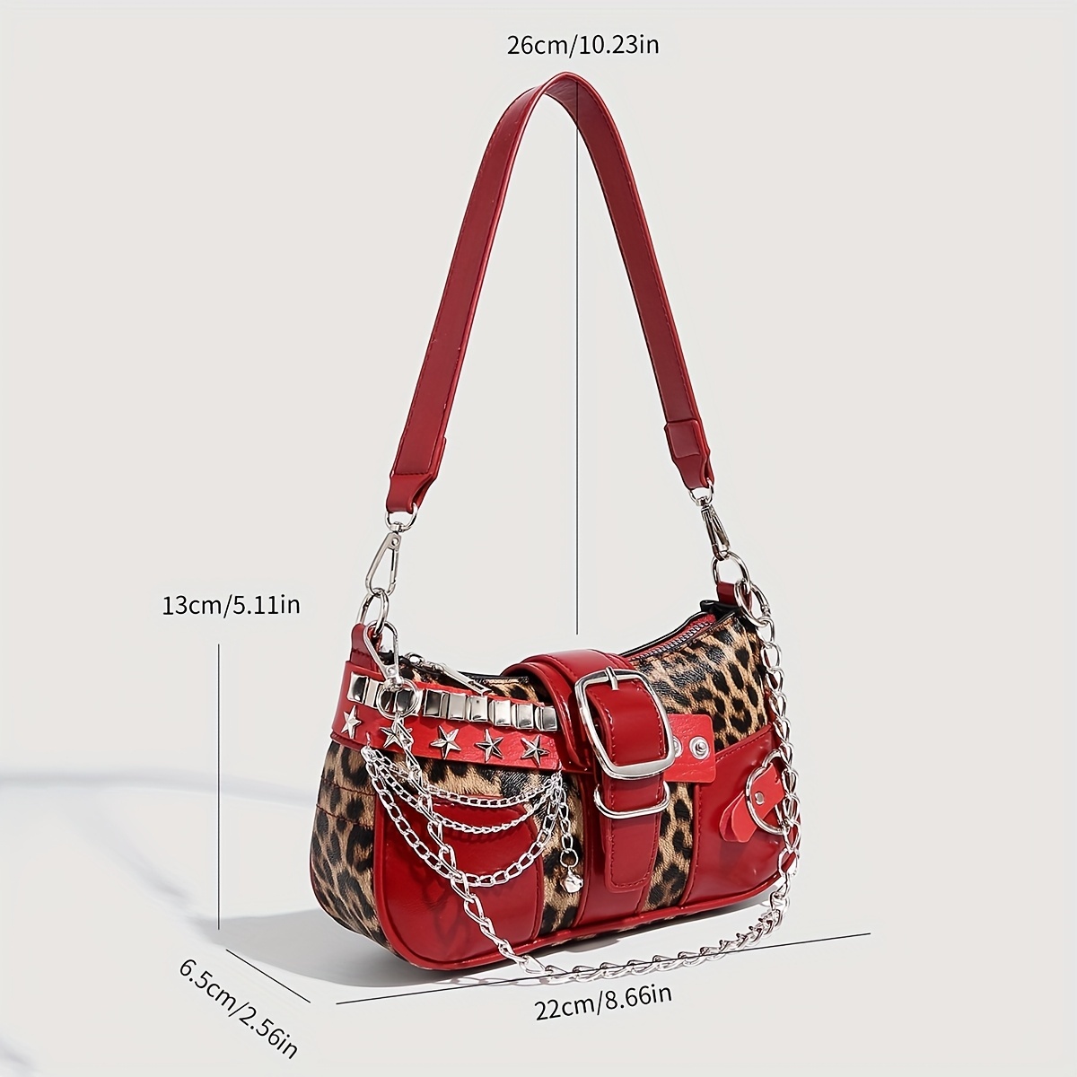 Y2K Leopard Print & Red Punk Shoulder Bag with Chain Accents