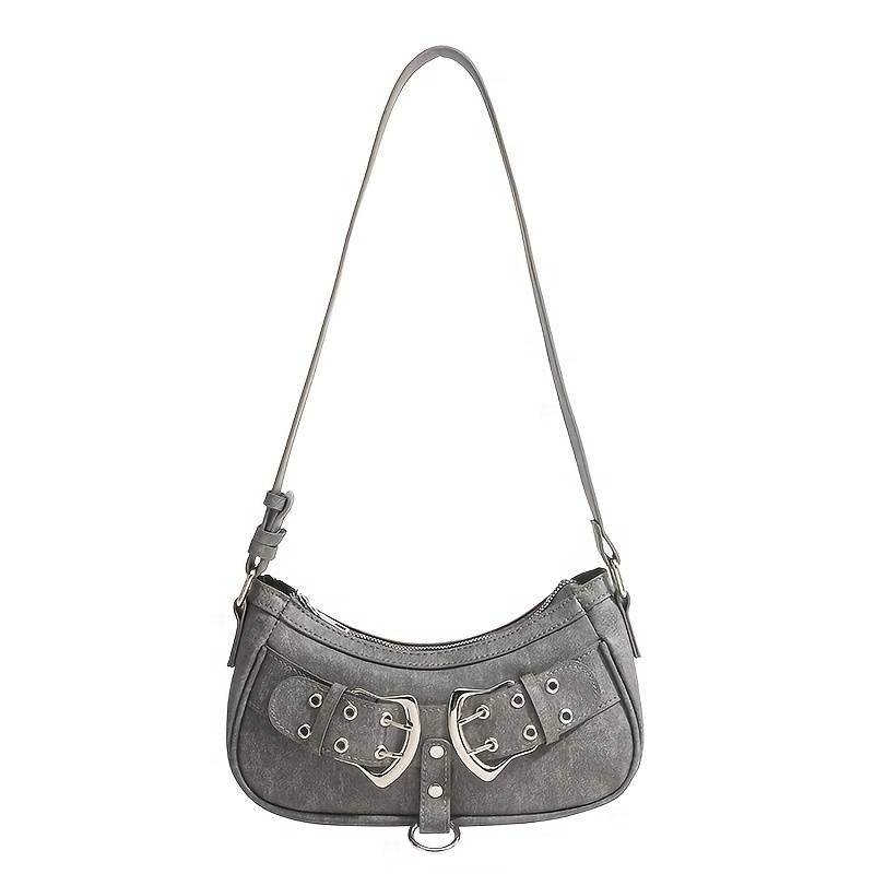 Grey Vintage Y2K Buckle Accent Shoulder & Crossbody Bag