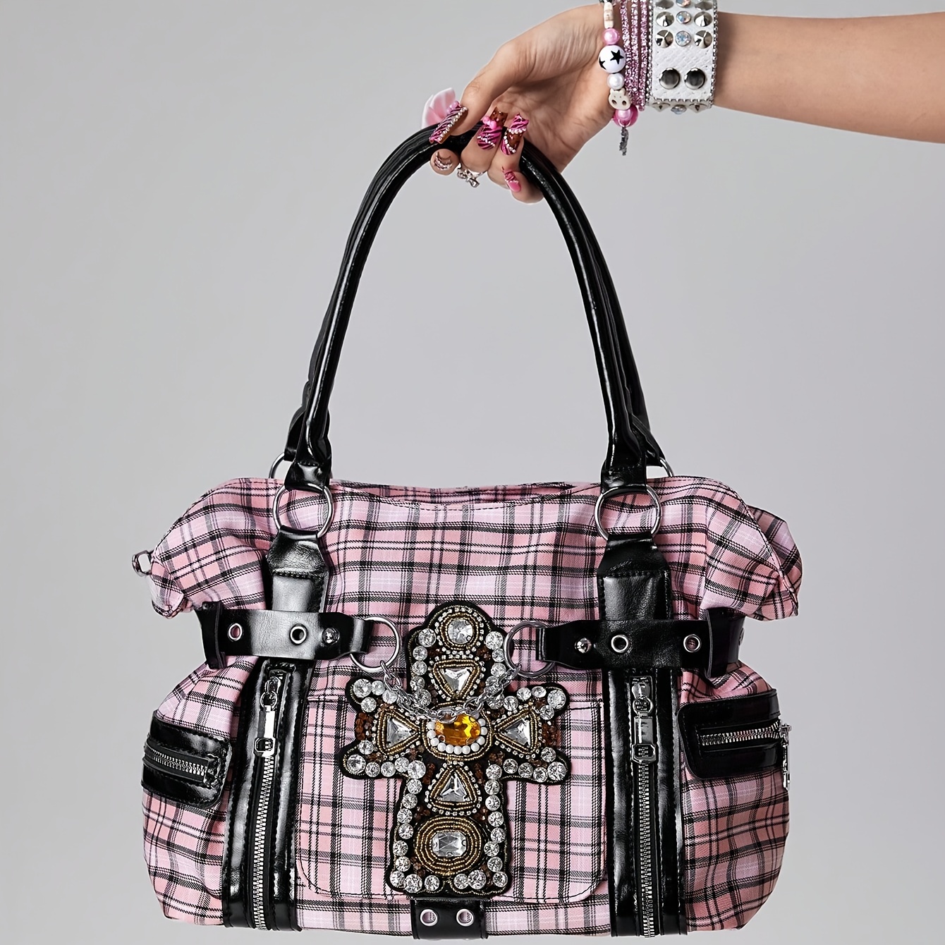 Y2K Pink & Black Plaid Rhinestone Cross Tote Bag