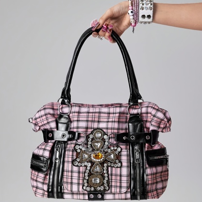 Y2K Pink & Black Plaid Rhinestone Cross Tote Bag