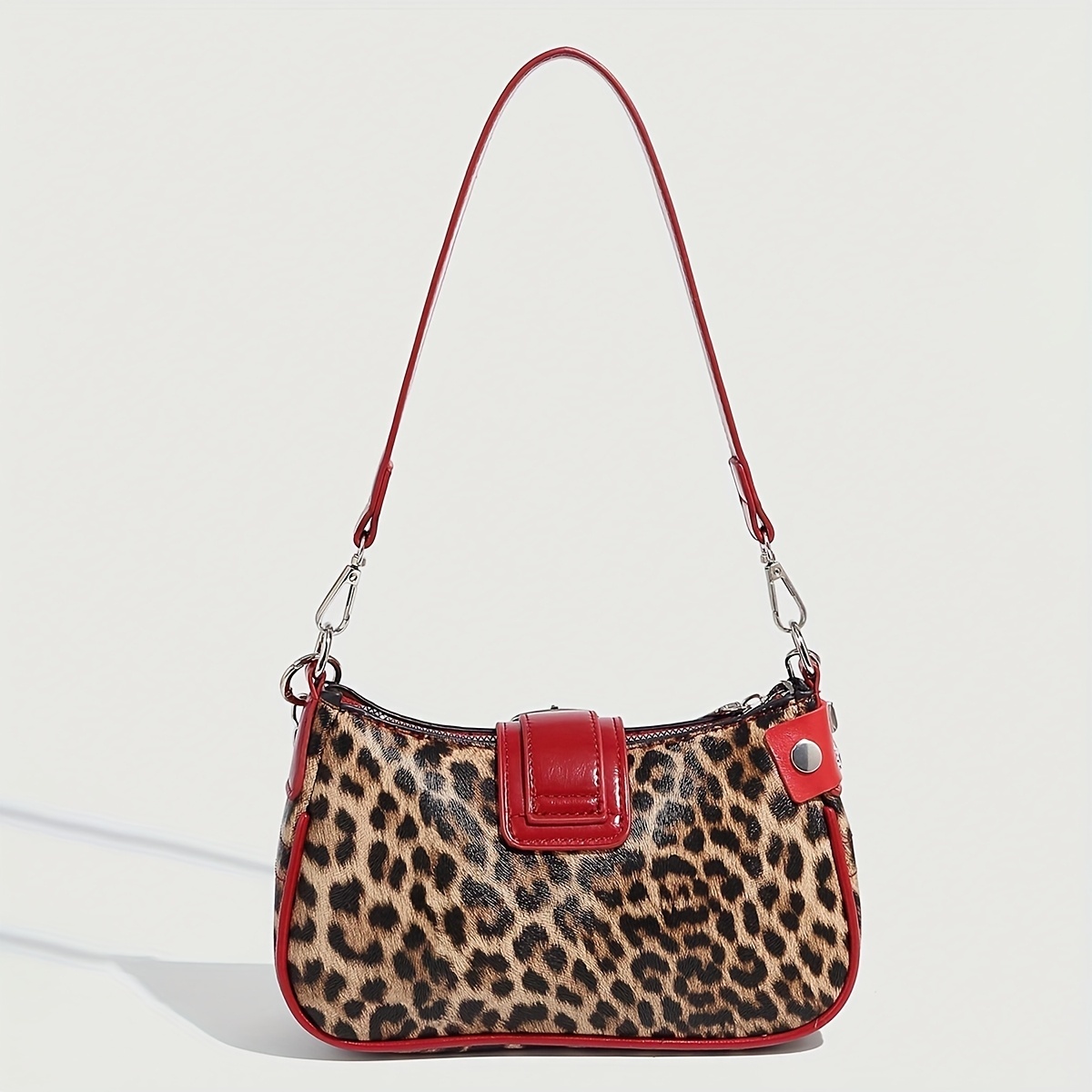 Y2K Leopard Print & Red Punk Shoulder Bag with Chain Accents