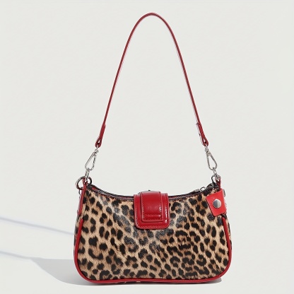 Y2K Leopard Print & Red Punk Shoulder Bag with Chain Accents