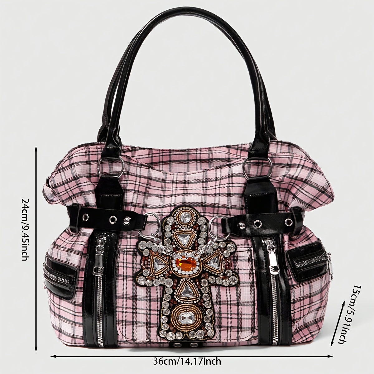 Y2K Pink & Black Plaid Rhinestone Cross Tote Bag