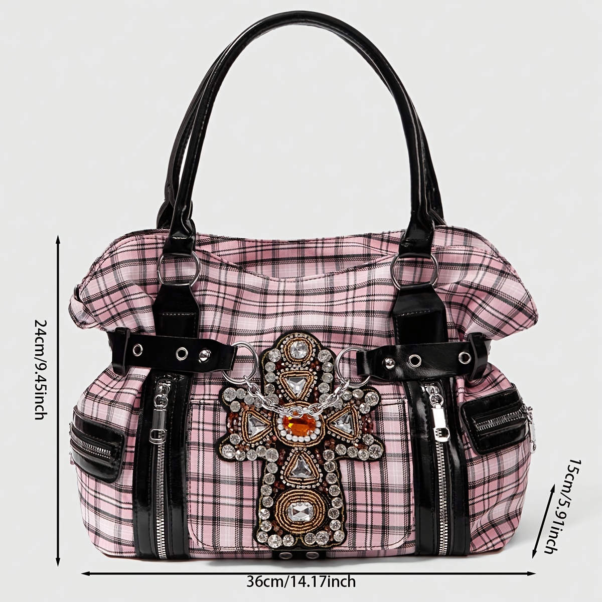 Y2K Pink & Black Plaid Rhinestone Cross Tote Bag
