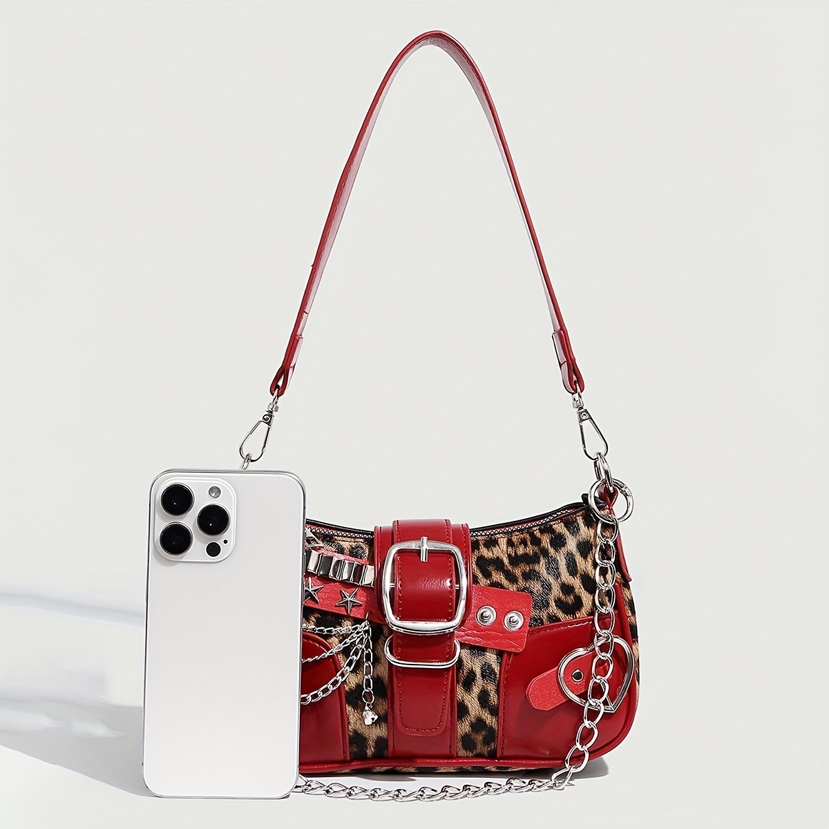 Y2K Leopard Print & Red Punk Shoulder Bag with Chain Accents