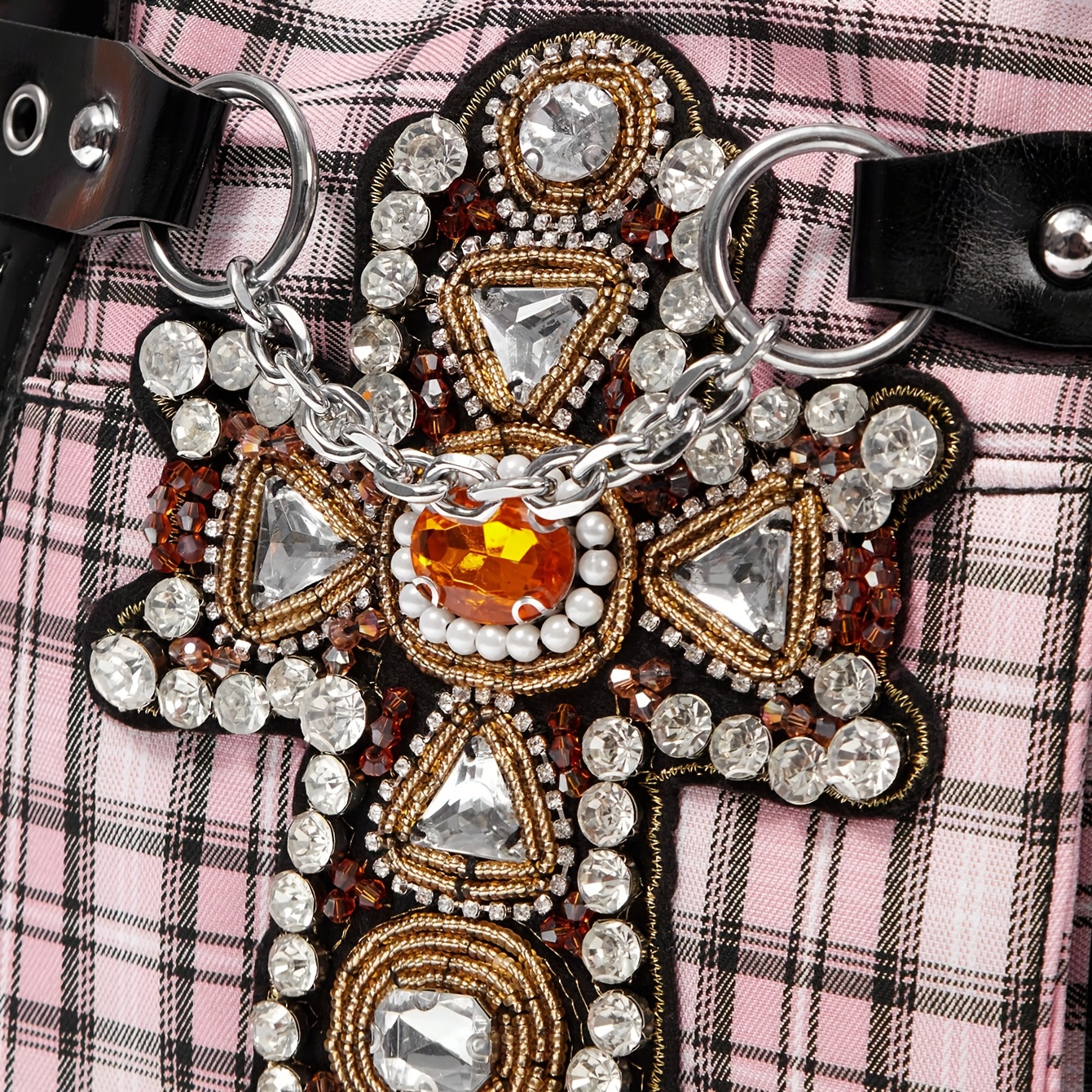 Y2K Pink & Black Plaid Rhinestone Cross Tote Bag