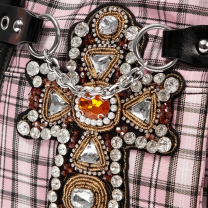 Y2K Pink & Black Plaid Rhinestone Cross Tote Bag