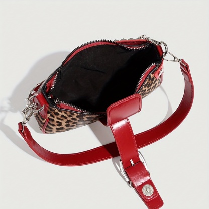 Y2K Leopard Print & Red Punk Shoulder Bag with Chain Accents