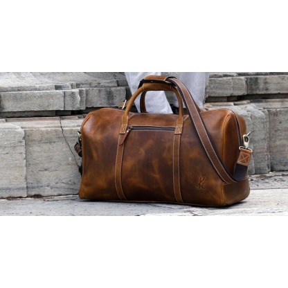Heavy-Duty Full Grain Leather Duffel Bag - 20" Large Travel Gym Bag