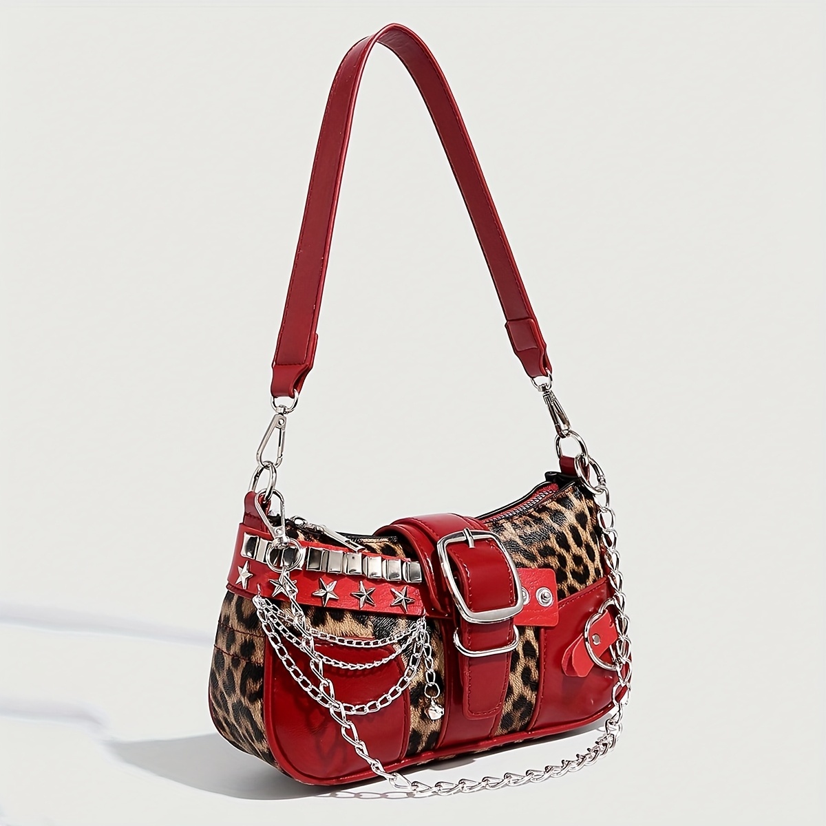 Y2K Leopard Print & Red Punk Shoulder Bag with Chain Accents