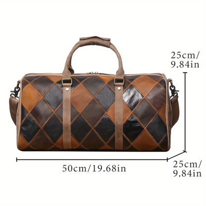 Men's Genuine Leather Rhombus Color-Block Handbag & Travel Bag - Cowhide