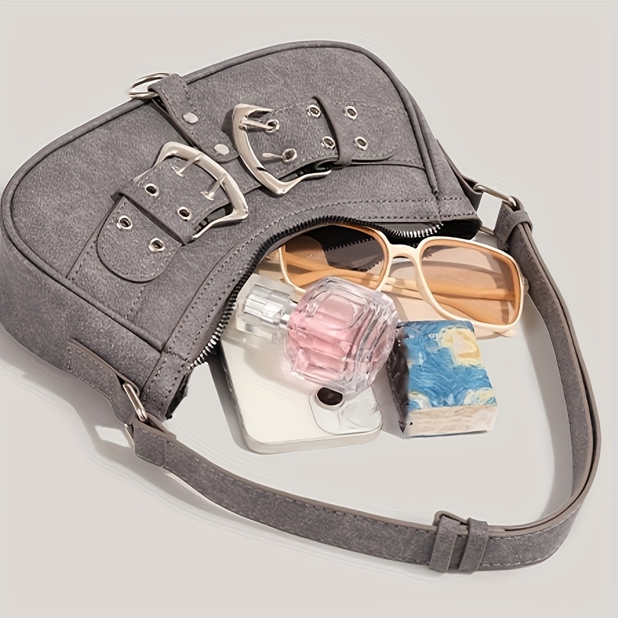 Grey Vintage Y2K Buckle Accent Shoulder & Crossbody Bag