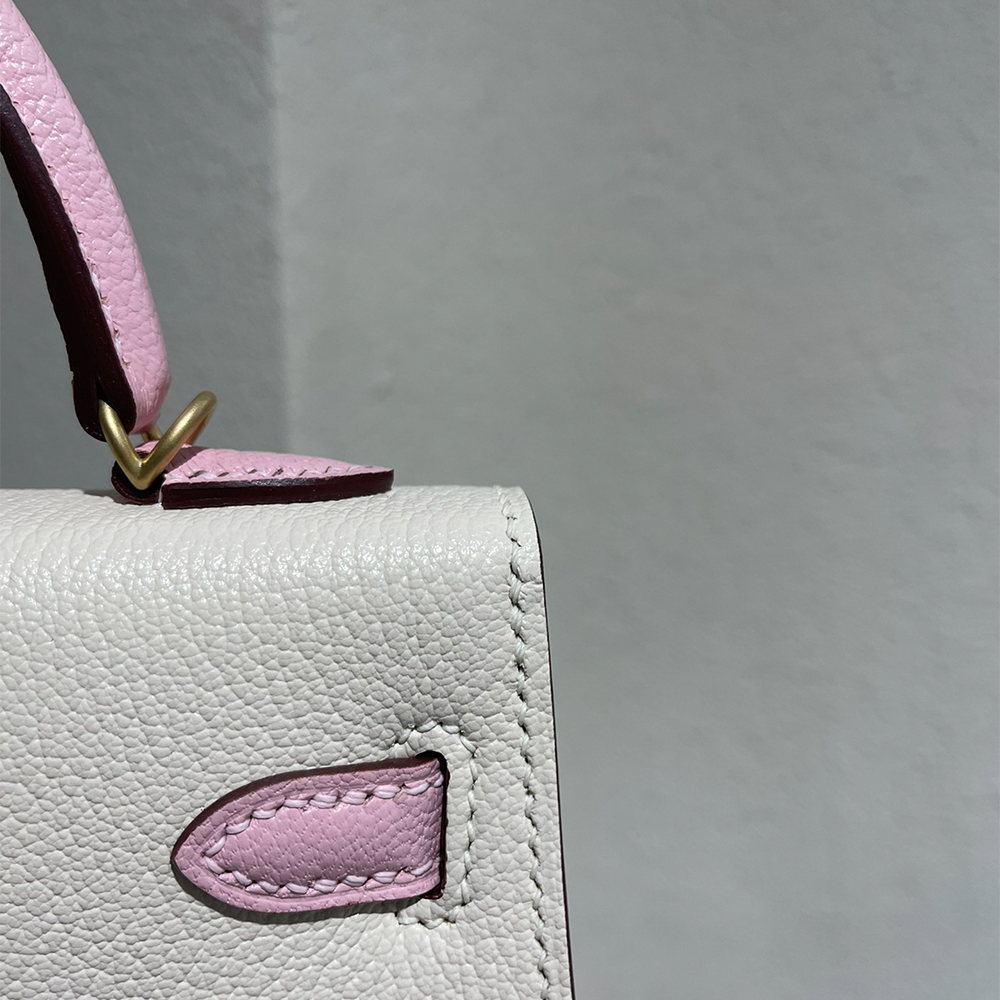 Handcrafted Genuine Leather Women's Bag - 25cm White and Pink Collision Color