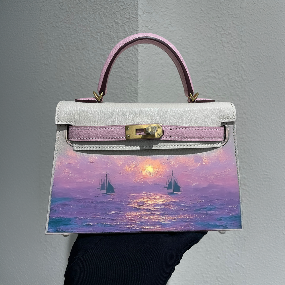 Handcrafted Genuine Leather Women's Bag - 25cm White and Pink Collision Color