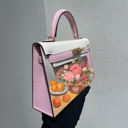Handcrafted Genuine Leather Women's Bag - 25cm White and Pink Collision Color