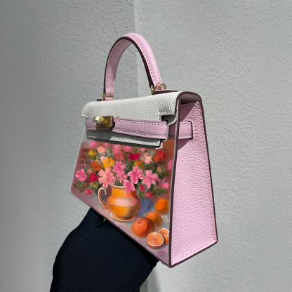 Handcrafted Genuine Leather Women's Bag - 25cm White and Pink Collision Color