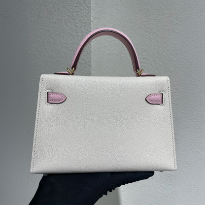 Handcrafted Genuine Leather Women's Bag - 25cm White and Pink Collision Color