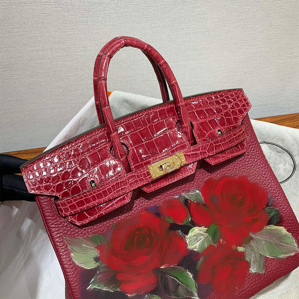 Handcrafted Genuine Leather Women's Bag - Red Crocodile Pattern, 35cm