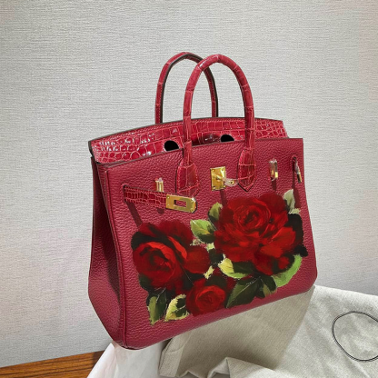 Handcrafted Genuine Leather Women's Bag - Red Crocodile Pattern, 35cm