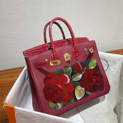 Handcrafted Genuine Leather Women's Bag - Red Crocodile Pattern, 35cm