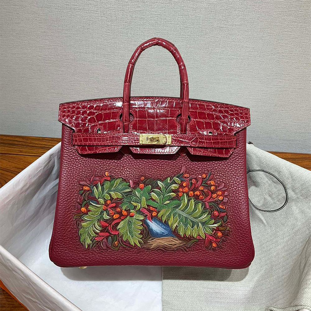 Handcrafted Genuine Leather Women's Bag - Red Crocodile Pattern, 35cm