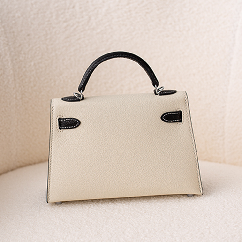 Handcrafted Genuine Leather Women's Bag - 25cm Black and White Collision Color